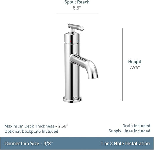 Moen Gibson One-Handle Single Hole Modern Bathroom Sink Faucet with Optional Deckplate, Matte Black, 6145BL