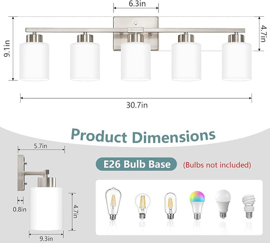 Brushed Nickel Bathroom Light Fixtures, 5-Light Modern Vanity Lights with Milky White Frosted Glass Shades, Wall Sconces for Mirror, Bathroom, Restroom (E26 Socket)