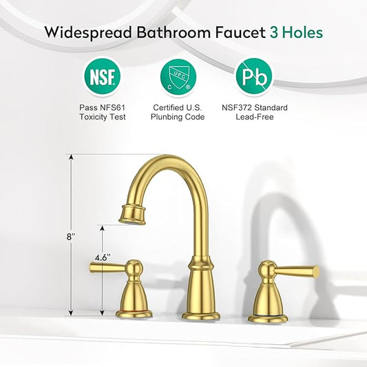 CREA Gold Bathroom Faucet 3 Hole,2 Handles 8 Inch Widespread Bathroom Faucets with Drain,360°Swivel 3 Pieces Brushed Gold Faucet for Bathroom Vanity Basin Mixer Tap(cPUC Supply Line)