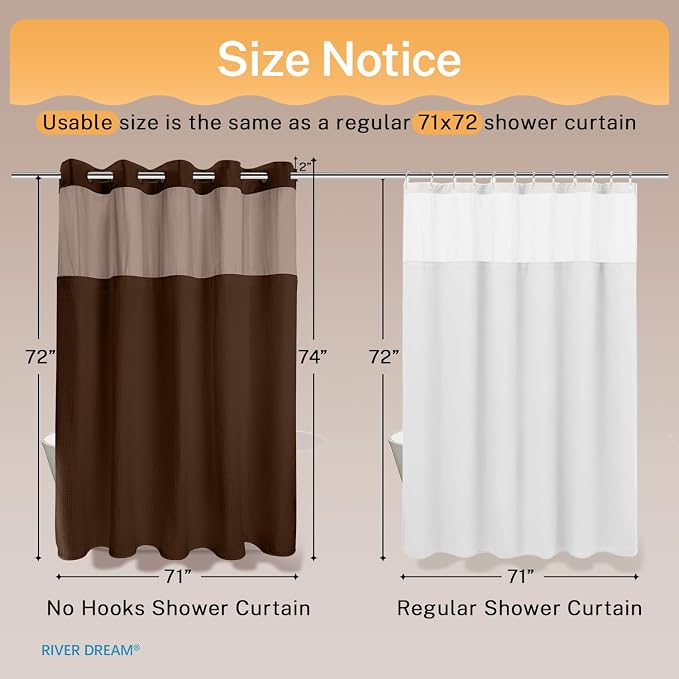 RiverDream Heavyweight Waffle No Hook Shower Curtain with Liner,Brown,71x74 | Dotted Waffle,Snap-in Liner,Heavy Duty,Quick Dry,Mesh Top Window,With Bottom Magnets,Hotel-Grade,Washable,Standard Size