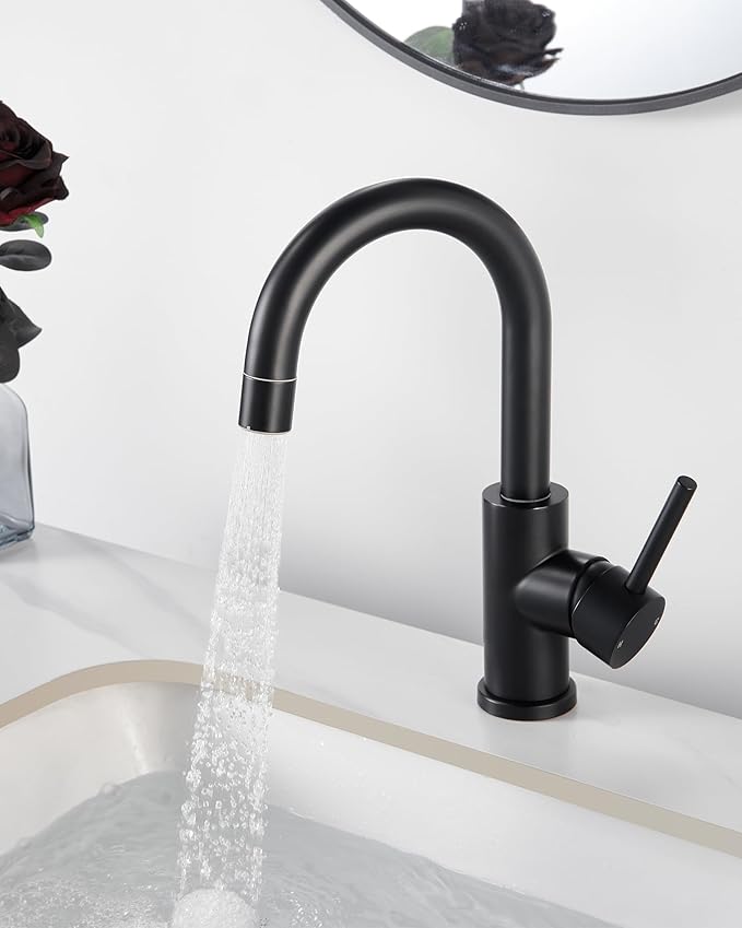 Tohlar Black Bathroom Sink Faucet, Single Hole Bathroom Faucet with Sprayer, RV Vanity Small Kitchen Faucet with 360° Rotation Spout, Matte Black Bar Sink Faucet with Pop Up Drain, 24” Supply Hoses