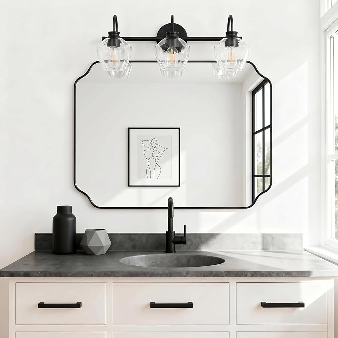 Matte Black Vanity Light, 3 Light Bathroom Light Fixtures with Clear Diamond-Shape Hammered Glass, Black Vintage Ripple Wall Lights for Hallway, Bedroom, Anti-Rust, E26 Base (No Bulbs)