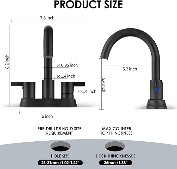 Two Handle 4 inch Black Bathroom Faucet, Bathroom Sink Faucet for 3 Holes with Pop-up Drain and 2 Supply Hoses, Lead-Free