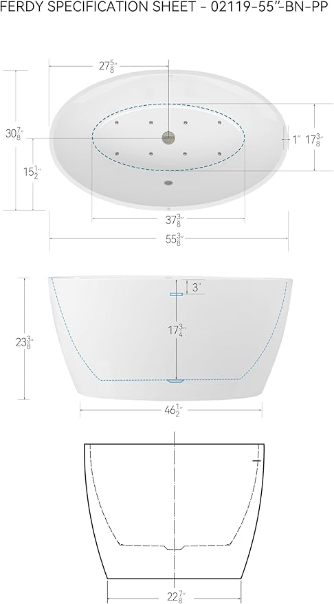 FerdY Tahiti 55 Inch Acrylic Freestanding Whirlpool Bathtub, Oval with 8 Air Water SPA Jets, Morden White Stand Alone Jetted Tub, Luxury Acrylic Free Stand Deep Soaking Bath Tub with LED Light