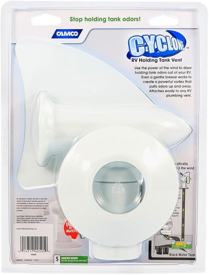 Camco Cyclone Rotating Sewer Plumbing Vent - Rids Odors from Your RV Holding Tank, Rotes 360 Degrees to Pull Odors Up and Away - White (40595)