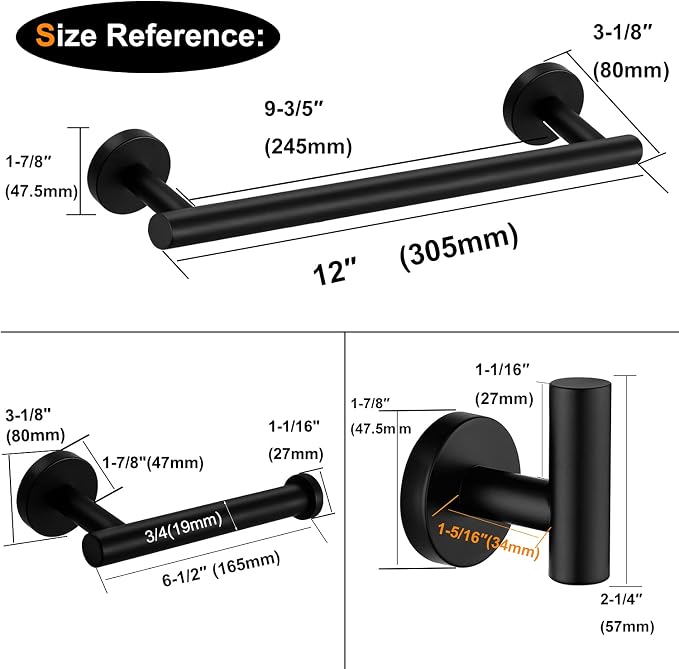 Nolimas 3-Pieces Set Matte Black Bathroom Hardware Set SUS304 Stainless Steel Round Wall Mounted - Includes 12" Hand Towel Bar,Toilet Paper Holder, Robe Towel Hooks,Bathroom Accessories Kit