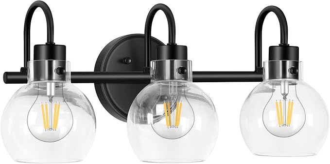Bathroom Light Fixtures, Black 3 Lights Vanity Light, Farmhouse Wall Sconces with Globe Glass Shade, Porch Wall Mount Lamp for Mirror, Kitchen, Porch Living Room Workshop (E26 Base) | Farmhouse Wall Sconces with Clear Globe Glass Shade, Wall Mount Lamp...