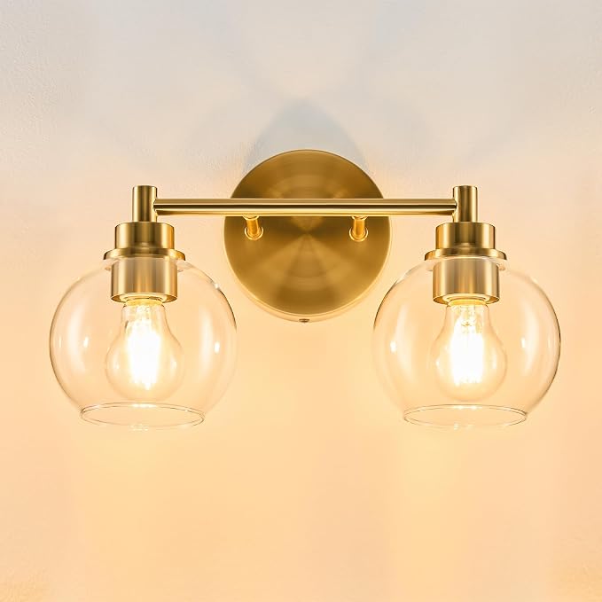 VONLUCE 2 Light Bathroom Vanity Light Fixtures, Gold Finish | Globe Glass Shades, E26 Sockets, Easy to install, Vanity Lights for Bedroom Hallway Living Room