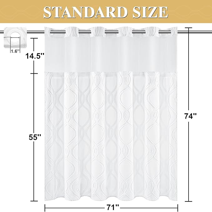 Yinhua No Hook Shower Curtain with Snap in Liner Set, 71" W×74" L, White | Hotel Style with See Through Top Window, Washable Waterproof, Tufted Textured, Hookless Curtain for Bathroom Bathtub