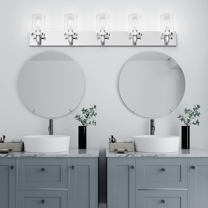 Aipsun Chrome Bathroom Light Fixtures 5 Light Bathroom Vanity Light Stainless Steel with Clear Glass Shade(Exclude Bulb)