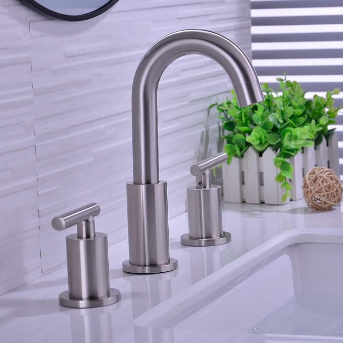 TRUSTMI 8" Widespread Bathroom Faucet Brushed Nickel, Swivel Spout & Drain | Brass Construction, Include Overflow Drain & cUPC Supply Lines, fits 3-Hole 6–12" Vanity Sinks, Spot-Resistant, Easy to Clean