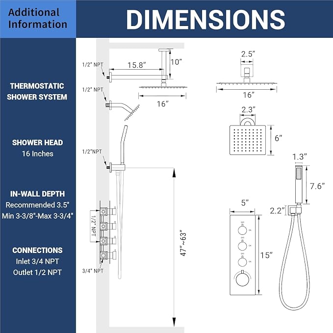 16" Thermostatic Dual Rainfall Head Matte Black Shower System | Ceiling Mounted Full Body Shower Faucet Set with Thermostatic Valve for Couples/ 2-Person,16“+6”Shower Head & handheld