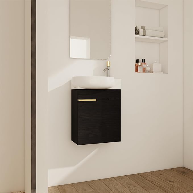 17'' Wall Mounted Bathroom Vanity Sink Combo for Small Space, Modern Bathroom Vanity Set with Ceramic Sink Top, Hanging Garage Vanities Compact Floating Small Cabinet for Bath Room, Black