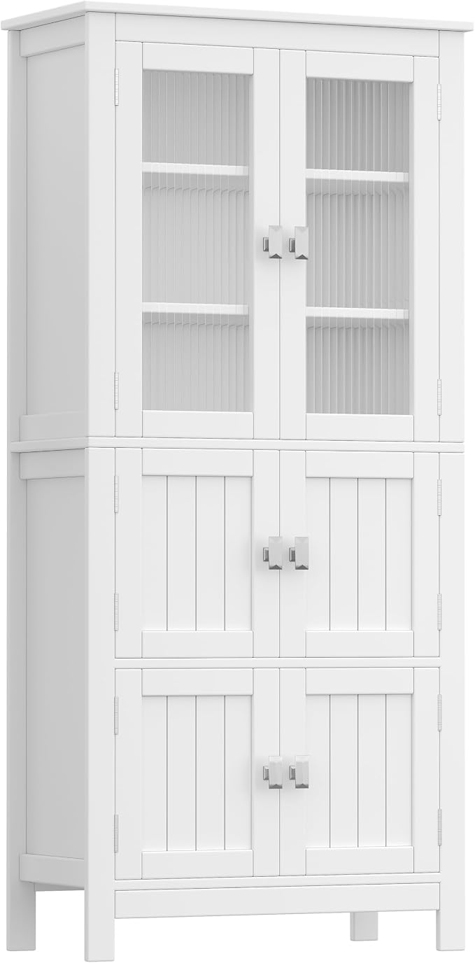 Akxomel 53.1" Tall Bathroom Cabinet 6 Doors Linen Floor Storage Cabinet | Bathroom Floor Cabinet with Adjustable Shelf, Pantry Cabinet for Living Room, Kitchen, Entryway, White