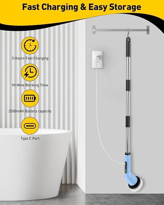 Electric Spin Scrubber for Bathroom, Shower Scrubber with Long Handle | Shower Cleaner Brushes, IPX7 Waterproof & 2 Speed, 3 Brush Heads, 90min Runtime, Bathroom Cleaning Supplies for Toilet Tub