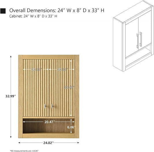 HOMEBEYOND 24 Inches Bathroom Vanity Wall Mount Storage Cabinet & Shelves, Free-Standing Vanity with Soft-Closing Doors, Golden Brushed Handware, Natural Oak