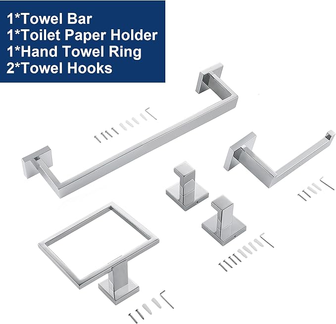 5 Pieces Bathroom Hardware Accessories Set Polished Chrome, 16Inch Bathroom Towel Rack Set SUS304 Stainless Steel, Square Bath Towel bar Set Heavy Duty, Wall Mounted