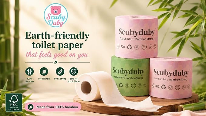 Premium & Soft Bamboo Toilet Paper | PFAS Free | 12 Mega Rolls, 3 ply & 350 Sheets | Non Toxic, Septic Safe, BPA Free | Tree Free Toilet Tissue | Plastic Free Packaging