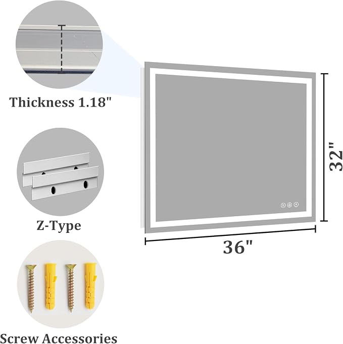 Koonmi 36x32 LED Bathroom Mirror with Light, Anti-Fog, 3 Colors | Backlit + Front Lit, Dimmable Brightness, Shatterproof HD Distortion-Free Tempered Glass, Hardware Included
