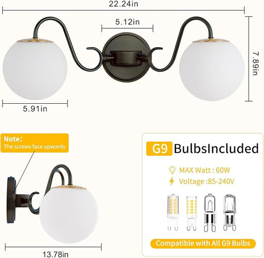 2 Lights Vintage Bathroom Vanity Light Fixtures Over Mirror, Matte Black Vanity Lights For Bathroom With Milk White Glass Globe Shade, Wall Lights For Bedroom, Hallway, Dressing Table(Includ G9 Bulbs)