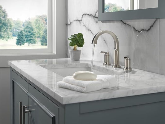 Delta Faucet Tetra Brushed Nickel Widespread Bathroom Faucet 3 Hole, Bathroom Faucet for Bathroom Sink, Bathroom Sink Faucet, Diamond Seal Technology, Metal Drain, Lumicoat Stainless 35588-SS-PR-DST