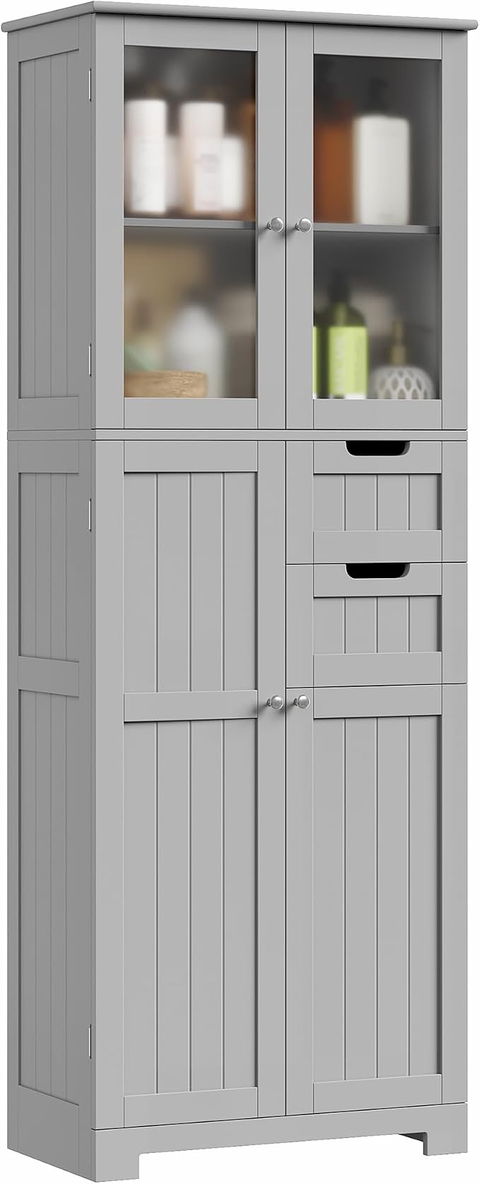 BOTLOG 67'' Tall Bathroom Storage Cabinet with Adjustable Shelf | Frosted Glass Doors, Wood Drawers, Kitchen Pantry Line Cabinet for Kitchen Bathroom, Living Room, Grey
