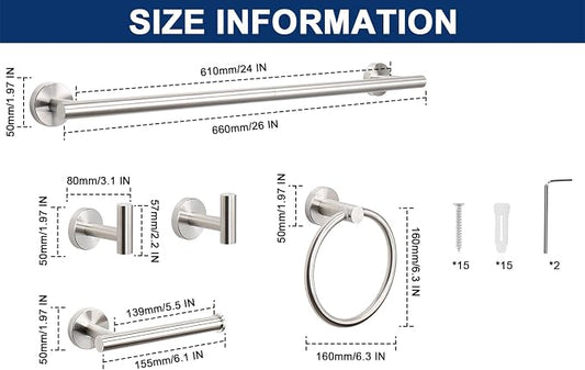 NearMoon 10 Pieces Bathroom Hardware Set SUS304 Thicken Stainless Steel-Towel Rack Kit Include 26" Towel Rod + Bath Towel Ring + Toilet Paper Holder + Robe Towel Hooks Bath Accessories (Nickel)