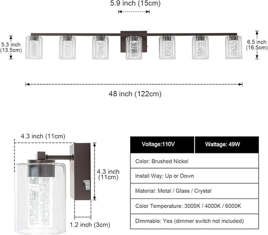 SineRise 7-Light Bronze Vanity Light with 3 Color Modes (3000K/4000K/6000K), Eye Protection LED Bathroom Light Fixture, Dimmable Modern Wall Light Over Mirror with Clear Glass Shade
