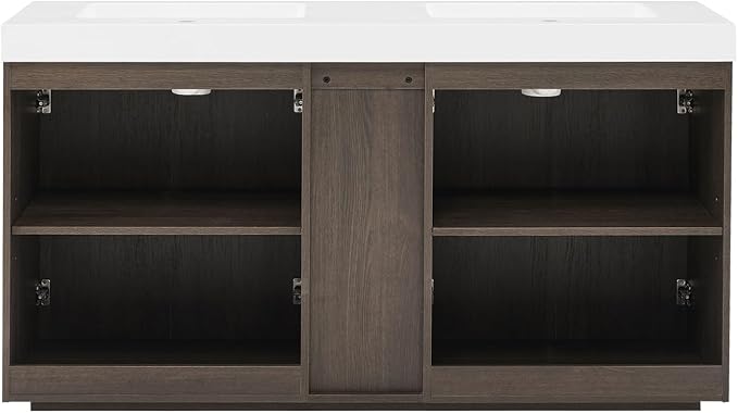 60" Bathroom Vanity with Double Sink, Freestanding Double Sink Bathroom Vanity with White Engineered Stone Top, Open Storage Cabinet & Adjustable Shelf, 4 Soft-Closing Doors, Smoked Oak Brown