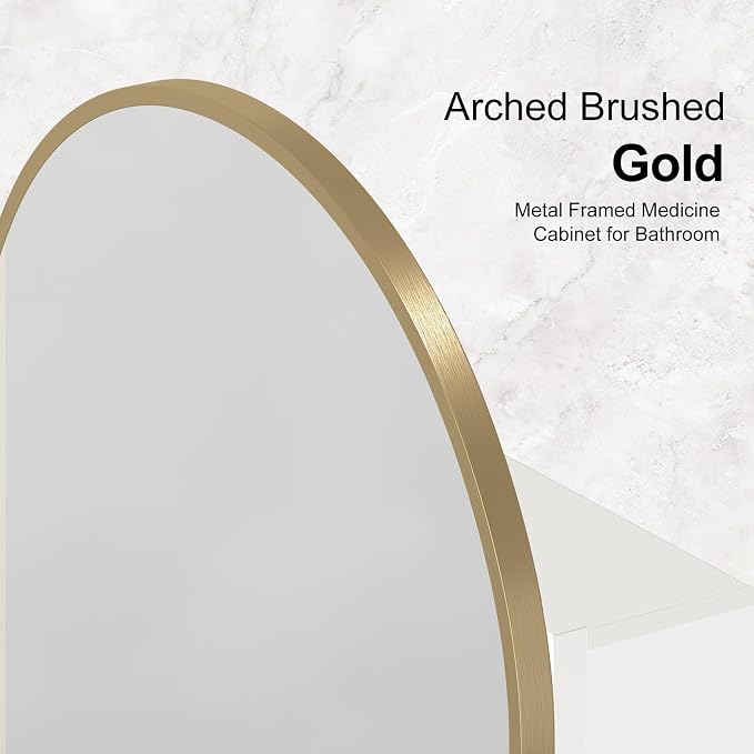 Recessed Medicine Cabinet Mirror,Brushed Gold Arched Medicine Cabinet with Mirror for Bathroom,Metal Edge Mirrored Medicine Cabinets,in Wall Arch Mirrored Cabinets with Storage 16x26