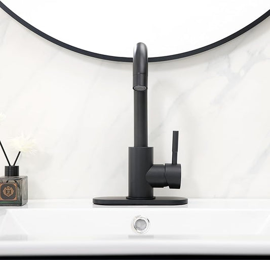Comllen Matte Black Bar Faucets, Black Bathroom Faucet 1 Hole, 360° Swivel, Small Single Handle Bar Sink Faucet with Deck Plate for Bathroom Bar Kitchen RV Camper Outdoor Laundry Vanity Lavatory
