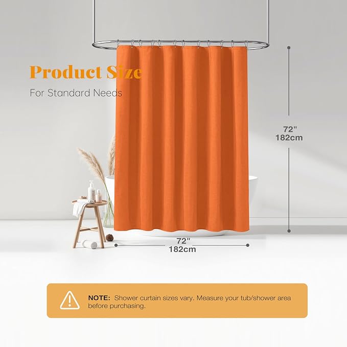 Burent Orange Linen Textured Waterproof Fabric Shower Curtain, 72x72 | 230GSM Polyester, Heavy Duty Cloth, Weighted Hem, 12 Plastic Hooks, Modern Hotel Style, Machine Washable, Bathroom Decor