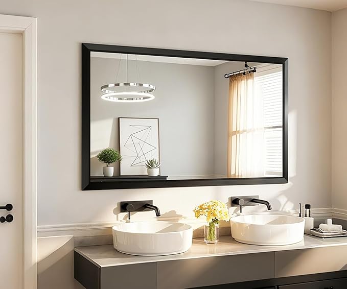 SMIROR 60x36 Matte Black Bathroom Vanity Mirror for Over Sink | Metal Wide Frame, Rectangle, Right- Angle Corner, Anti-Rust, Horizontally or Vertically Wall- Mounted for Home Remodel