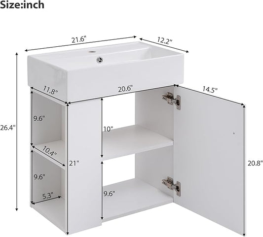 Merax 20" White Bathroom Vanity, Wall Mounted Floating Vanity with Doors & Open Shelf, Bathroom Storage Cabinet with White Ceramic Integrated Sink