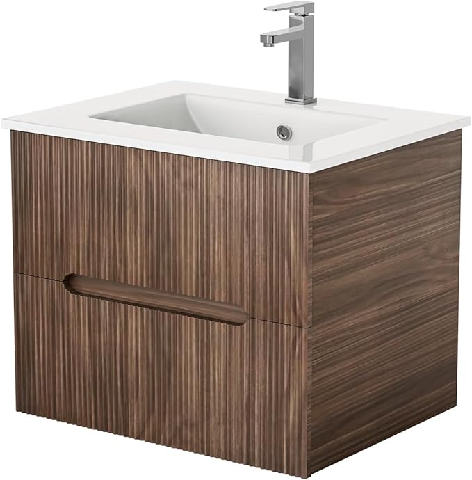 EROMMY 24 Inch Bathroom Vanity with Sink, Floating Bathroom Vanity with Ceramic Basin, Wall Mounted Bathroom Sink Cabinet Set with Soft-Close 2 Drawers, Faucet & Pop Up Drain, Walnut