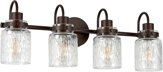4 Lights Bathroom Vanity Light, Oil Rubbed Bronze Bathroom Light Fixtures with Hammered Glass Lampshade for Dressing Table,Over Mirror,Hallway