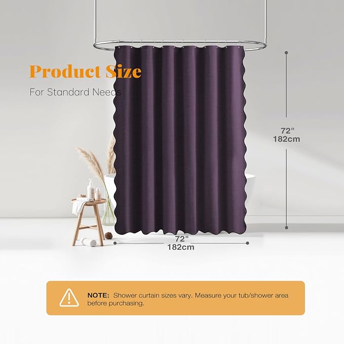 BTTN Purple Boho Scalloped Linen Textured Cloth Shower Curtain Set, 72x72 | 230GSM Waterproof Polyester, Heavy Duty Fabric, 12 Plastic Hooks, Modern Farmhouse Style, Machine Washable, Bathroom Decor