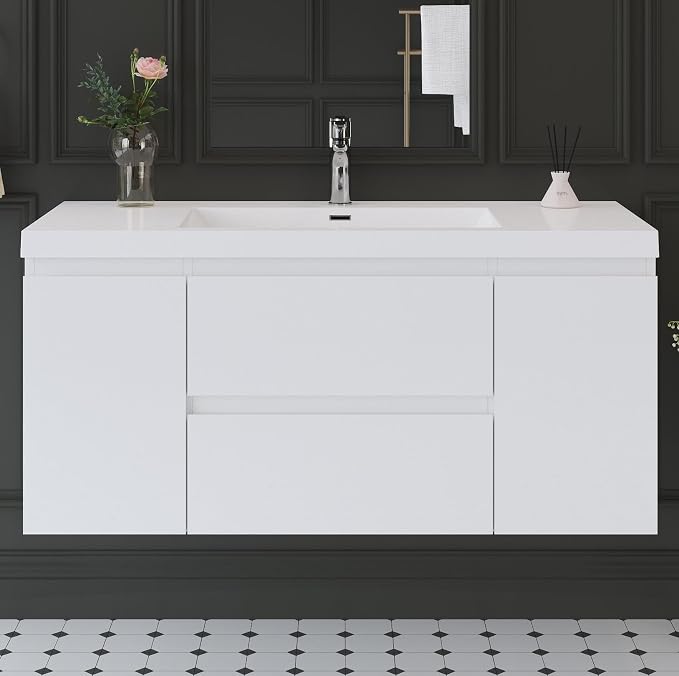 48 Inch Floating Bathroom Vanity Sink,Glossy White | Storage Cabinet Wall Mounted Cabinet, Solid Surface Basin, Soft Close Drawers, Fully Assembled