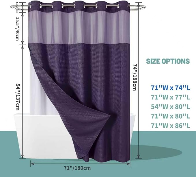 eachope No Hook Waffle Shower Curtain with Snap-in Liner, 71x74 Inch,Purple | 230 GSM waffle weave fabric, waterproof liner set with 2 bottom magnets, mesh top window, washable, for bathroom or hotel use