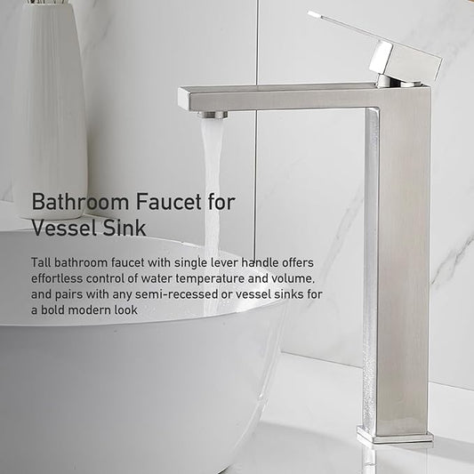 Vessel Sink Faucet, Brushed Nickel 1 Hole Single Handle Tall Bathroom Vanity Faucets, Modern Utility Rv Laundry Bath Restroom Mixer Tap with Metal Pop Up Drain and 2 Water Supply Lines