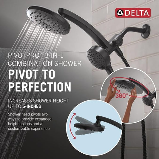 Delta 6-Setting PivotPro 3-in-1 Combination Shower Head with ProClean Spray, Matte Black Round Shower Head Rainfall with Handheld Spray, 1.75 GPM, Matte Black 75648BL