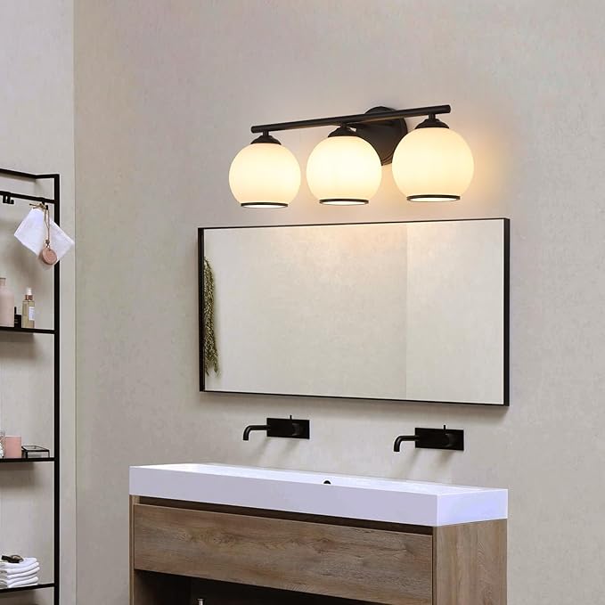 Milk Glass Bathroom Vanity Light Over Mirror, 3 Light Matte Black Bathroom Light Fixtures with Frosted Globe Glass Shade, Modern Vanity Lighting Wall Mounted