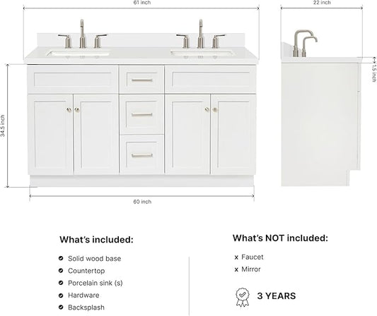 ARIEL Hamlet 60-inch Bathroom Vanity with Sink,Solid Wood, 1.5-inch Pure White Quartz Countertop & Backsplash, Double Rectangular Porcelain Sink, 4 Soft Closing Doors, 3 Dovetail Drawers, White