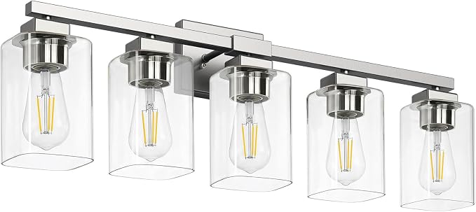 31” Bathroom Light Fixtures, 5-Light Vanity Light Brushed Nickel | Square Clear Glass & Durable Metal, Quick & Easy Installation, Standard E26 Socket, Bright Bathroom Lighting