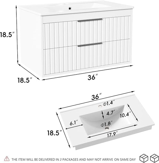 36" Bathroom Vanity with Sink, Floating Vanity Bathroom Sink Cabinet Wall Mount, Soft-Close Function 2 Large Drawers, Grooved Stripe Design, Hidden Damping Drawers, White