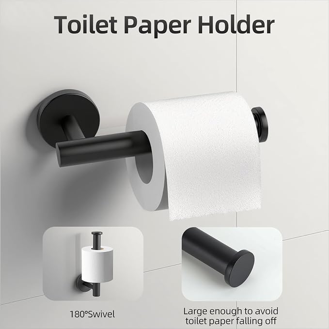 Matte Black Bathroom Hardware Accessories Towel Bar Set 5 Pieces | Stainless Steel Black Towel Rack Set Including 16in Towel Bar Wall Mounted, Toilet Paper Holders, Towel Rings, Towel Hooks