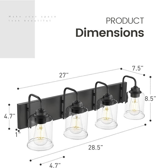 zeyu Modern Bathroom Light Fixtures, 4 Light Vanity Lighting, 28.5" Bathroom Mirror Wall Light, Matte Black Finish with Clear Glass Shade, ZSL72B-4W BK