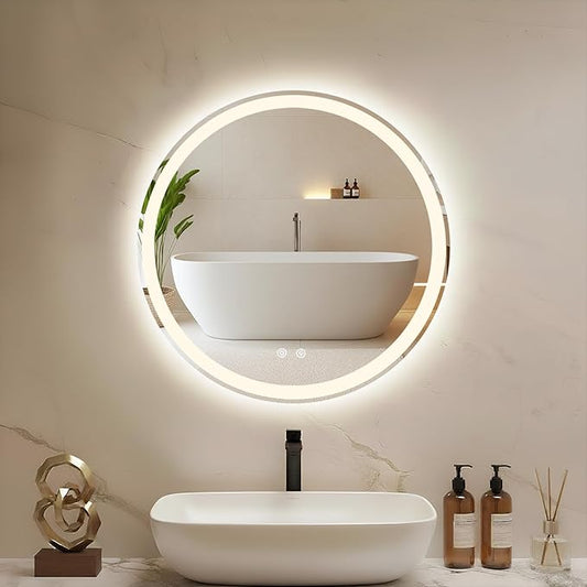 DUMOS 24 Inch Round LED Bathroom Mirror with Lights, Circle Vanity Mirror with Anti-Fog, Dimmable, 3-Color Light, Memory Function, Tempered Glass
