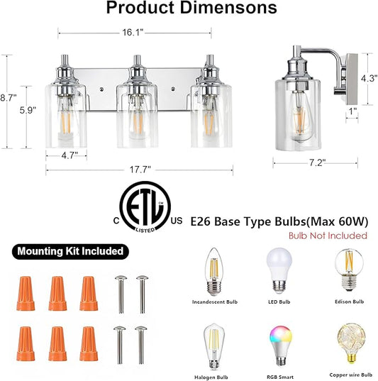3-Light Bathroom Light Fixtures Modern Chrome Vanity Lights for Bathroom Lighting Fixtures Over Mirror for Cabinet Mirror Bedroom Hallway