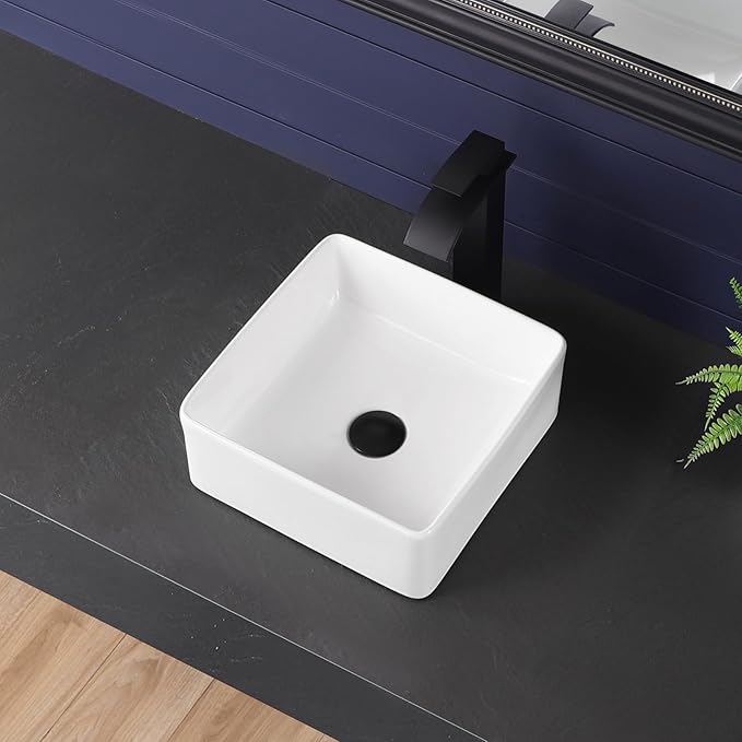 Vessel Sink 13"x13" Rectangular Bathroom Sink Modern White Porcelain Ceramic Above Counter Drop-in Vanity Sink for Bathrooms Art Basin